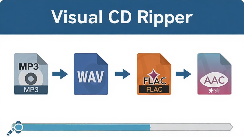 一张展示 Visual CD Ripper 音频格式转换功能的图片,主体为多个音频格式图标与转换箭头,布局上采用横向排列方式,排版整齐,风格为扁平化科技风格,细节包括 MP3、WAV、FLAC、AAC 图标以及转换进度条,画质高清、干净、无多余元素。