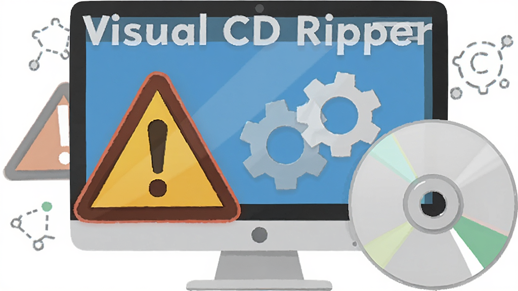 一张展示 Visual CD Ripper 使用注意事项的图片,主体为电脑屏幕与提示图标组合,布局上采用居中构图,排版简洁,风格为扁平化插画风格,细节包括警告标志、齿轮图标、光盘图案,画质高清、干净、无多余元素。