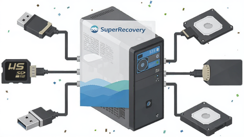 һ��չʾSuperRecovery���ݻָ��������Ӷ��ִ洢�豸��AI��ͼ������Ϊ�����������ܱ�U�̡�SD�����ƶ�Ӳ�̵�����ʾ�⣬����Ϊ����ʽ���Ű���⣬���Ϊ��ƽ���廭��ϸ�ڰ����豸ͼ��������ߣ������������ɾ����޶���Ԫ��