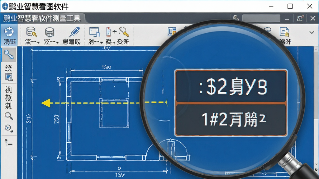 一张展示鹏业智慧看图软件测量工具使用场景的图片,主体为软件界面中正在测量图纸上的距离并显示测量结果,布局采用局部放大构图,排版聚焦测量数据,风格为精准工具风,细节包括测量线清晰、数据框醒目、工具栏图标精细,画质高清、干净、无多余元素