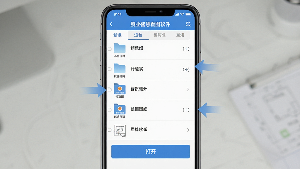 一张展示鹏业智慧看图软件在手机上导入图纸操作步骤的图片,主体为手机屏幕中显示文件选择界面和图纸打开按钮,布局采用竖屏手机界面排版,风格为移动端应用风,细节包括按钮文字清晰、文件列表整齐、操作指引箭头明确,画质高清、干净、无多余元素