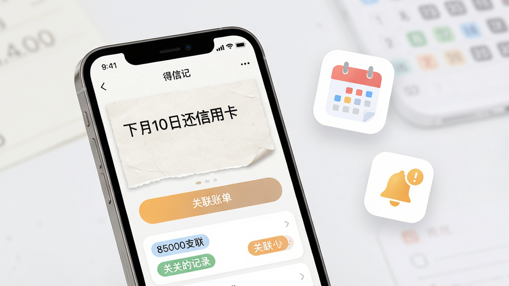 得信记便签与账单关联功能示意图,画面中央一部手机显示便签编辑界面,内容为“下月10日还信用卡”,下方有“关联账单”按钮和已关联的支出记录标签;布局为手机居中偏左,右侧漂浮日历图标和铃铛提醒图标,风格为柔和圆角卡片设计,细节包括便签纸张纹理和标签颜色区分,画质干净明亮无多余元素
