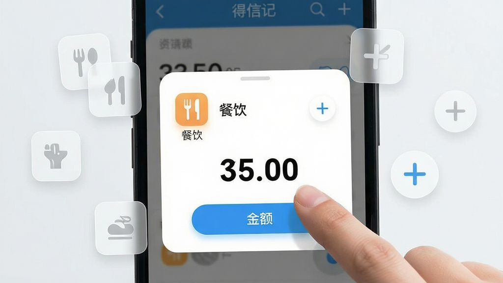 得信记极速记账功能展示,画面中央一部手机屏幕显示记账弹窗,手指正在点击“餐饮”分类图标,金额数字“35.00”清晰可见;布局为手机特写居中,周围漂浮半透明的分类图标和加号按钮,风格为现代扁平化UI设计,细节包括按钮微光效果和数字字体加粗,画质干净无杂乱元素