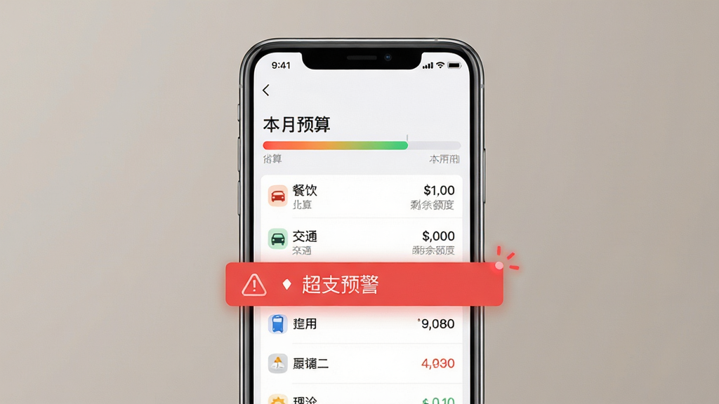 得信记预算提醒功能场景图,画面中央手机屏幕显示预算设置页面,顶部有“本月预算”标题和进度条,下方列表展示餐饮、交通等分类的已用金额和剩余额度,一条红色超支预警信息弹出;布局为手机正面居中,背景为柔和暖灰色,风格简洁商务,细节包括进度条渐变色彩和预警图标闪烁效果,画质清晰干净无多余装饰