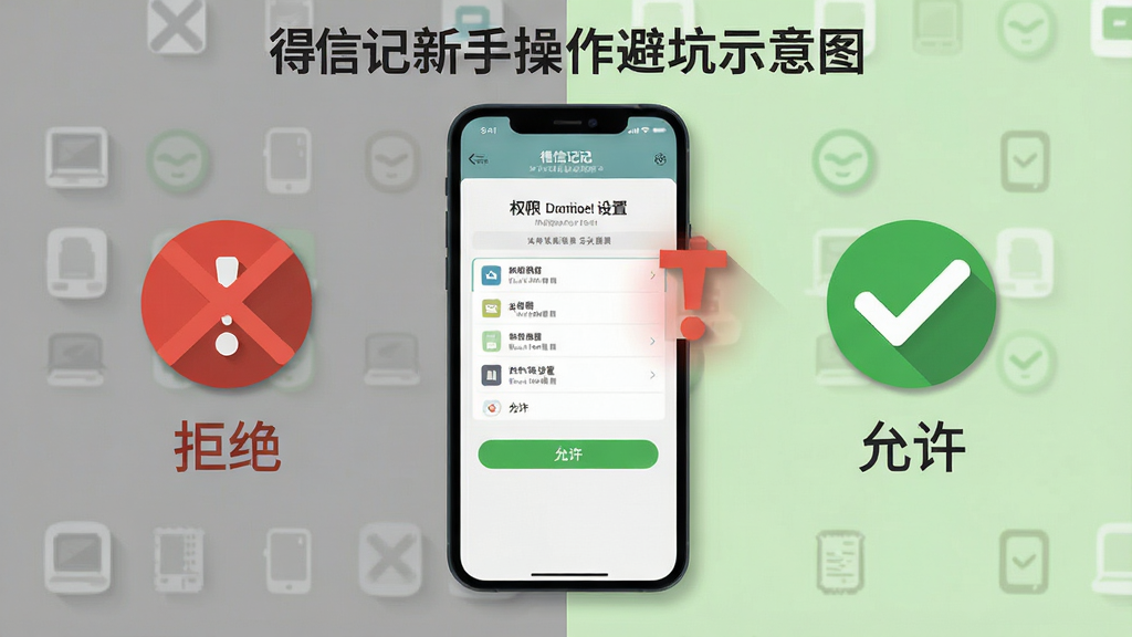 得信记新手操作避坑示意图,画面中央一部手机展示权限设置页面,旁边有一个红色感叹号图标和绿色对勾图标分别标注“拒绝”和“允许”;布局为左右对比式,左侧灰色背景显示错误操作,右侧浅绿色背景显示正确操作,风格为信息图表式扁平设计,细节包括图标阴影和文字标签,画质干净整洁无多余元素