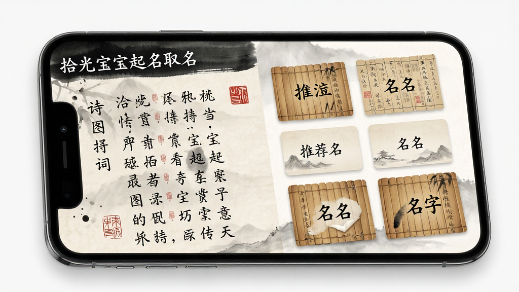 生图提示词:展示“拾光宝宝起名取名”软件中的诗词起名界面,主体为一部手机屏幕,屏幕内显示古诗文摘录与推荐名字列表。布局采用左右分栏,左侧为诗词原文,右侧为名字卡片。排版雅致,风格古典水墨风,细节包含毛笔字迹、印章、竹简纹理。画质高清,画面干净,无多余元素。