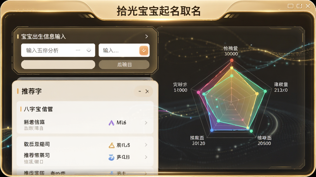生图提示词:画面主体为“拾光宝宝起名取名”软件中的八字五行分析界面,展示一个宝宝出生信息输入框和五行分布雷达图。布局采用上下结构,上方为输入区域,下方为彩色雷达图与推荐字列表。排版简洁,风格科技感与温馨感结合,细节包含金色边框、柔和光晕、数据流动线条。画质高清,画面干净,无多余元素。