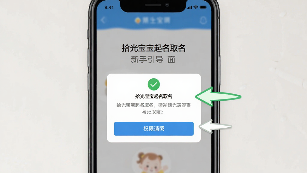 生图提示词:画面展示“拾光宝宝起名取名”软件在新手引导页面的手机截图,主体为一部手机,屏幕显示权限请求弹窗与操作提示箭头。布局采用居中构图,排版简洁,风格扁平化设计,细节包含绿色对勾图标、灰色说明文字、蓝色按钮。画质高清,画面干净,无多余元素。