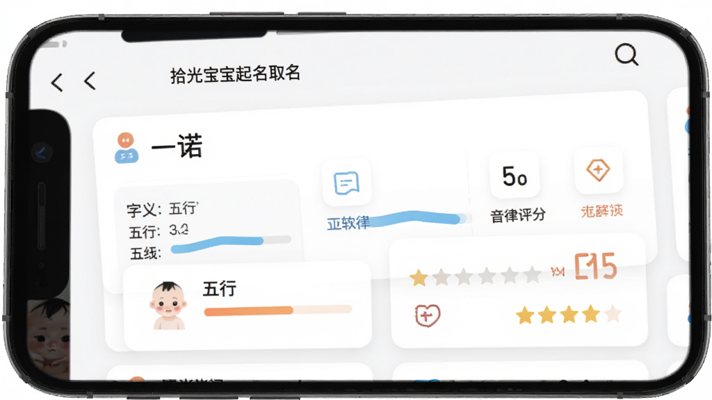 生图提示词:展示“拾光宝宝起名取名”软件的名字解析详情页,主体为手机屏幕,显示名字“一诺”的详细解析卡片,包含字义、五行、音律评分。布局采用纵向列表,排版清晰,风格现代简约,细节包含图标、进度条、星级评分。画质高清,画面干净,无多余元素。