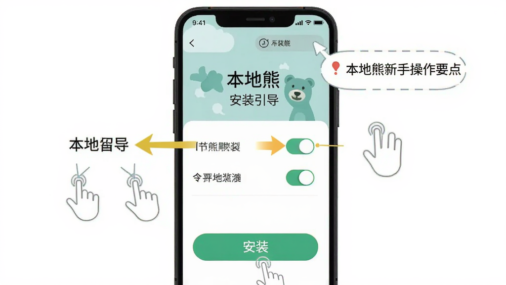 一张展示本地熊新手操作要点的生图,画面为手机屏幕截图风格的插画,屏幕上显示本地熊的安装引导界面,有箭头指向权限开关和安装按钮。布局为竖版手机界面,排版清晰,风格为扁平化教程插图,细节包括文字标注、手势图标、提示气泡。画质高清,干净,无多余元素。