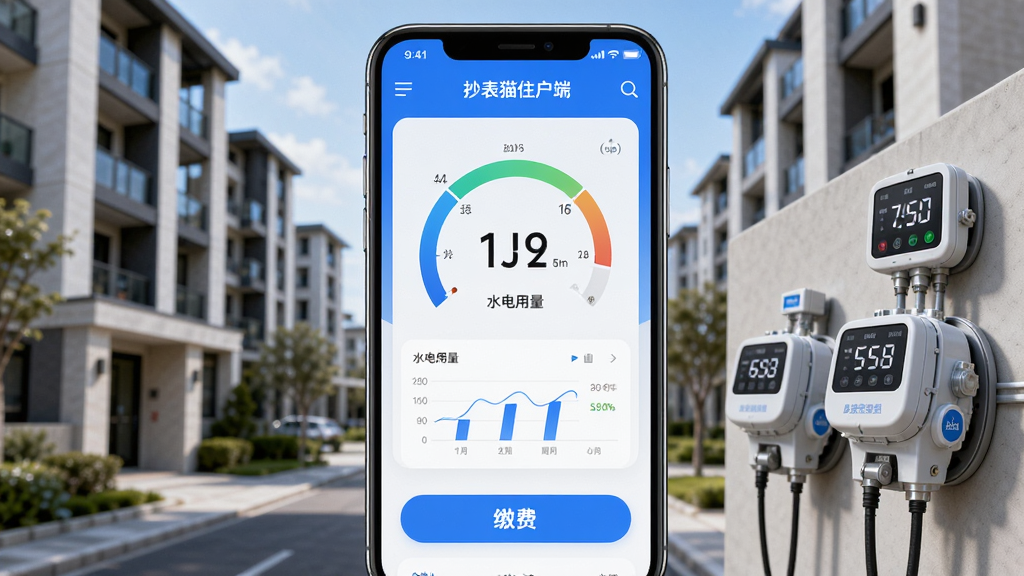 一款名为抄表猫住户端的手机应用主界面展示图,画面中央是手机屏幕,屏幕内显示水电用量仪表盘和缴费按钮,背景为现代小区住宅楼与智能水表电表,布局为居中构图,风格为写实科技风,细节包括蓝色主色调、数据图表、数字读数,画质高清干净,无多余元素