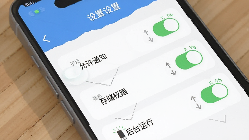 一幅表现抄表猫住户端安装与权限设置步骤的示意图,画面为手机屏幕显示设置菜单与权限开关,布局为纵向步骤排列,风格为扁平化教程风,细节包括“允许通知”“存储权限”“后台运行”等开关按钮,画质高清干净,无多余元素
