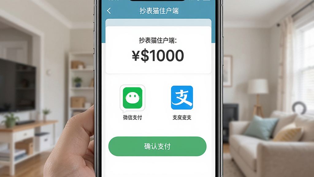 一张展示抄表猫住户端在线缴费页面的图片,画面主体为手机屏幕显示支付金额与支付方式图标,布局为上方金额下方按钮,风格为扁平化设计风,细节包含微信支付图标、支付宝图标、确认支付按钮、抄表猫住户端界面,画质清晰干净,无多余元素