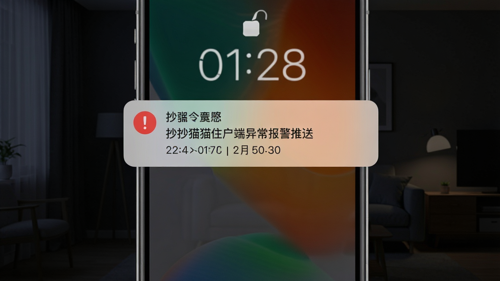 一幅表现抄表猫住户端异常报警推送功能的图片,画面为手机锁屏界面弹出通知横幅,背景为暗色调家居环境,布局为通知居中,风格为写实科技风,细节包括红色感叹号图标、报警文字、时间戳,画质高清干净,无多余元素