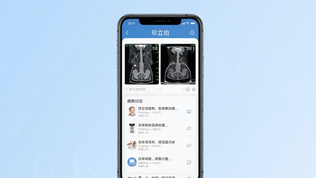 主体是一台智能手机,屏幕上显示珍立拍软件界面,界面中有医学影像图片和病例讨论列表,布局为手机居中放置,背景为干净的浅蓝色渐变,排版简洁,风格为现代医疗科技风,细节包括手机边缘的光泽感和界面文字的清晰度,画质为高清1080p,干净,无多余元素