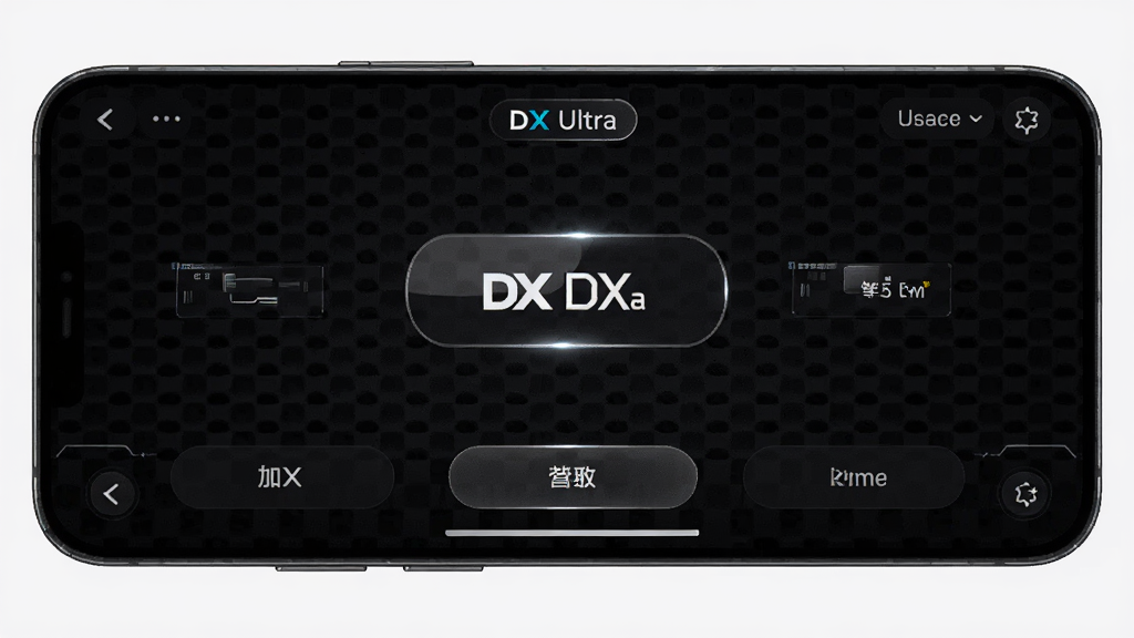 主体为手机屏幕显示DX Ultra主界面,布局为手机横屏展示,排版为界面元素清晰可见,风格为暗黑科技风,细节包括按钮的高光效果和背景的网格纹理,画质高清,干净,无多余元素。