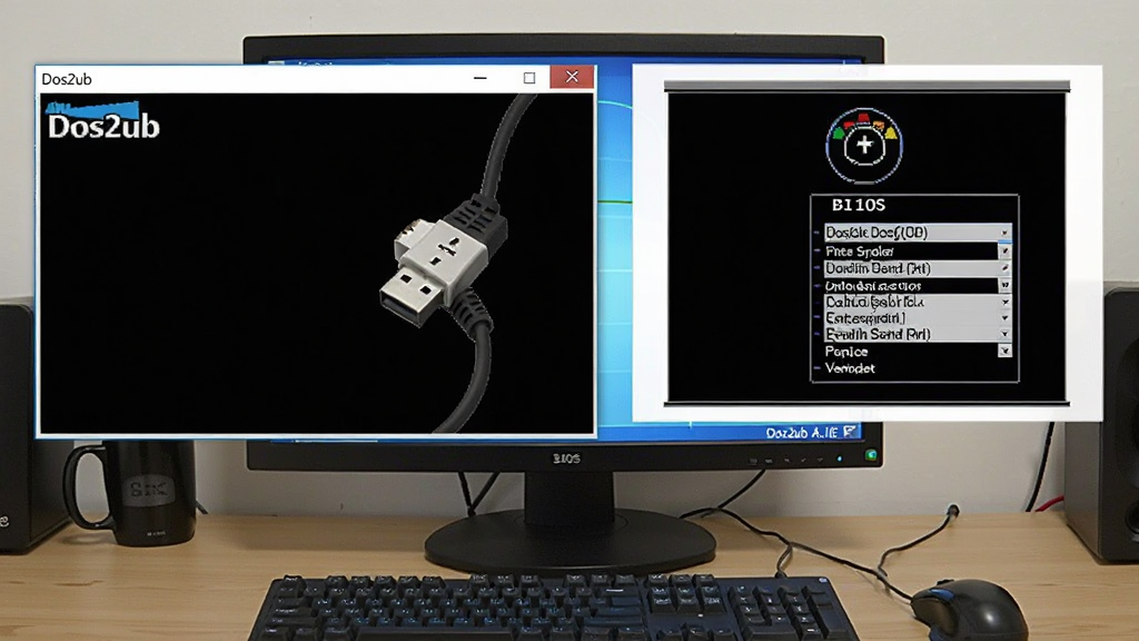 AI��ͼ�������ǵ�����Ļ��Dos2usb������U���������Ի��棬����Ϊ���泡�����Ű�չʾ����������BIOS�����˵������Ϊ��ʵ�칫�磬ϸ���С�Dos2usb�����桢U�̡�����˳��ѡ����ʸ��壬�ɾ����޶���Ԫ��