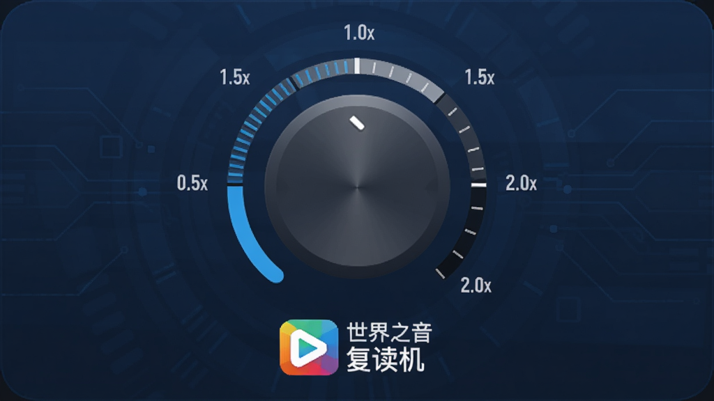 软件变速播放控制面板示意图,画面中央是一个圆形速度调节旋钮,周围标注0.5x、1.0x、1.5x、2.0x等刻度,旋钮下方显示世界之音软件复读机的标志,背景为深蓝色科技感风格,画面干净,高清画质