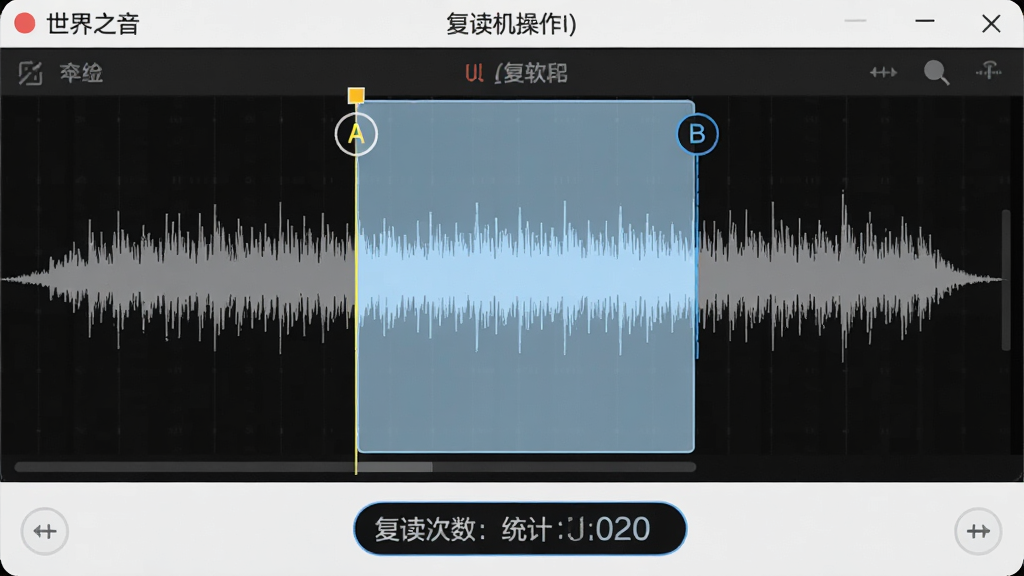 世界之音软件复读机操作界面特写,画面中显示音频波形图,波形上有明显的A点和B点标记,中间区域用淡蓝色高亮显示,下方有复读次数统计,界面风格专业简洁,突出片段循环功能,高清画质