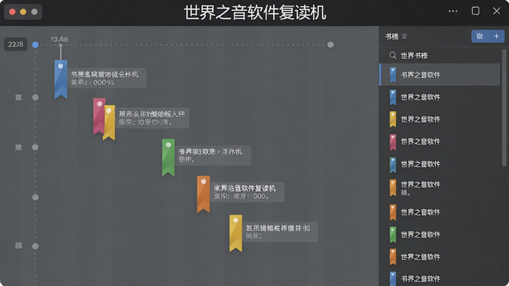 书签管理界面截图,画面中显示一条时间轴,上面分布着多个彩色书签标记,每个书签旁边有文字备注,界面右侧有书签列表,顶部显示世界之音软件复读机字样,风格简洁商务,高清画质