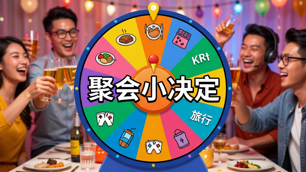 软件核心全貌展示图,画面中央是一个彩色大转盘,转盘上标注着“聚会小决定”五个大字,转盘周围环绕着聚餐、K歌、桌游、旅行等图标,背景是热闹的聚会场景,人物举杯欢笑,整体风格活泼明快,色彩鲜艳,布局居中对称,排版清晰,画质高清,干净无多余元素