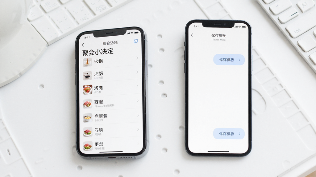 手机界面展示“聚会小决定”的自定义选项编辑页面,列表中有火锅、烤肉、西餐等选项,旁边有保存模板按钮,背景是简洁的白色工作台,风格简约现代,布局清晰有序,画质高清,干净无多余元素