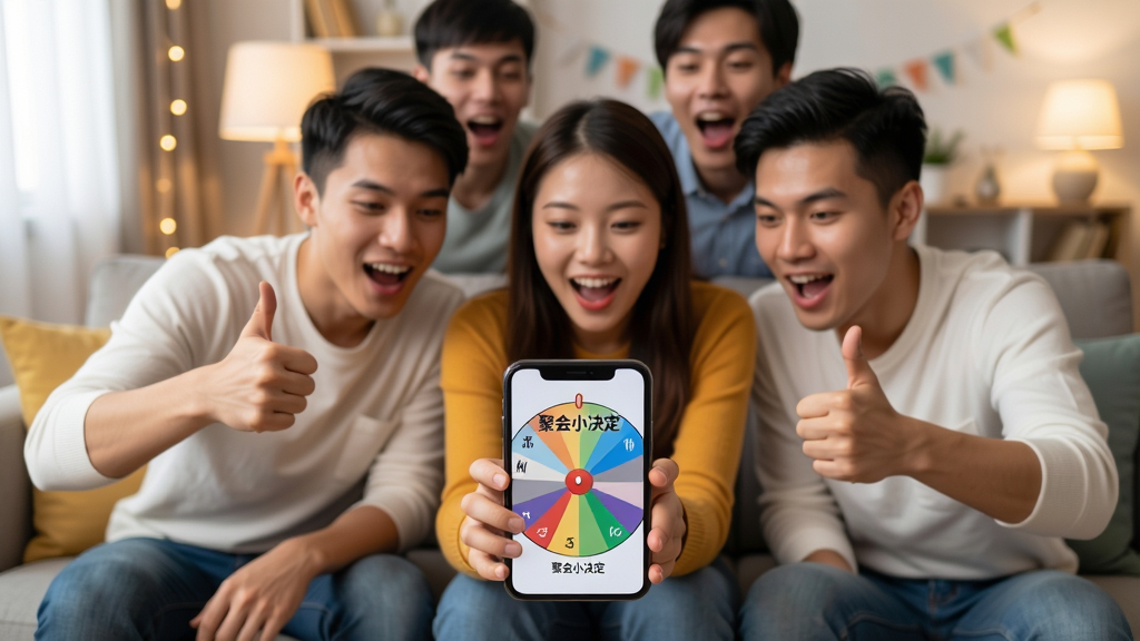一群年轻人围坐在一起看着手机屏幕上的“聚会小决定”转盘结果,大家表情兴奋,有人竖起大拇指,背景是温馨的客厅聚会,风格写实温馨,布局以人物和手机为中心,画质明亮,干净无多余元素
