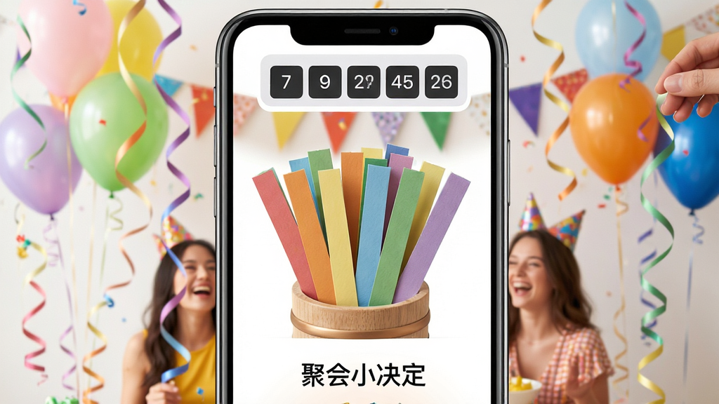 手机屏幕显示“聚会小决定”抽签界面,签筒中插着多根彩色签条,屏幕上方有随机数生成器,背景是聚会派对场景,气球与彩带点缀,风格清新活泼,布局简洁明了,画质细腻,干净无多余元素
