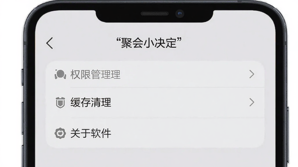 手机屏幕显示“聚会小决定”软件设置界面,其中有权限管理、缓存清理、关于软件等选项,背景是简洁的浅灰色,风格素雅,布局清晰,画质干净,无多余元素