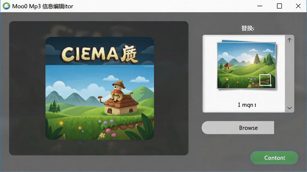 Moo0 Mp3信息编辑器封面替换操作界面,主体为封面预览区与图片选择按钮,布局居中显示当前封面与替换选项,排版简洁,风格为扁平化软件设计,细节包含图片缩略图、浏览按钮、确认操作等,画质高清,干净,无多余元素