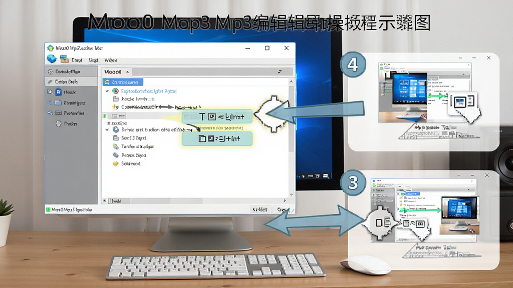 Moo0 Mp3信息编辑器操作教程示意图,主体为电脑桌面上的软件窗口与操作步骤标注,布局为分步展示安装与编辑流程,排版清晰有序,风格为教程类截图,细节包含箭头指示、步骤编号、界面高亮等,画质高清,干净,无多余元素