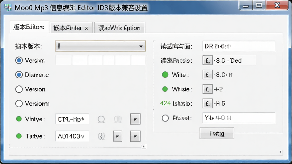 Moo0 Mp3信息编辑器ID3版本兼容设置界面,主体为标签版本选择与读写选项,布局为设置面板形式,排版清晰,风格为技术工具类界面,细节包含版本单选按钮、读写状态指示等,画质高清,干净,无多余元素