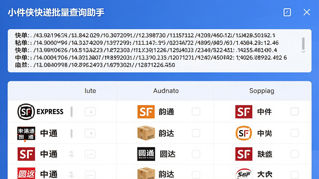 AI生成图片,主体为“小件侠快递批量查询助手”软件界面,布局为上方输入框内粘贴了多行快递单号,下方表格自动显示不同快递公司图标与名称,排版整齐,风格为现代扁平化科技风,细节包含顺丰、中通、圆通、韵达等标识,画质清晰,干净无多余元素
