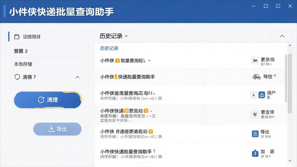 AI生成图片,主体为“小件侠快递批量查询助手”本地数据管理界面,布局为设置面板与历史记录列表,排版简洁,风格为安全可靠商务风,细节包含本地存储标识、清理按钮、导出按钮,画质清晰,无多余元素