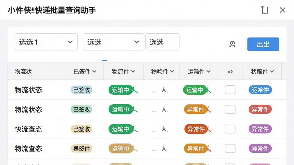 AI生成图片,主体为“小件侠快递批量查询助手”数据筛选界面,布局为顶部筛选按钮栏,中间为物流状态表格,表格中用不同颜色标签区分已签收、运输中、异常件,排版清晰,风格为清爽商务风,细节包含筛选下拉框、导出按钮、状态标签,画质清晰,无多余元素