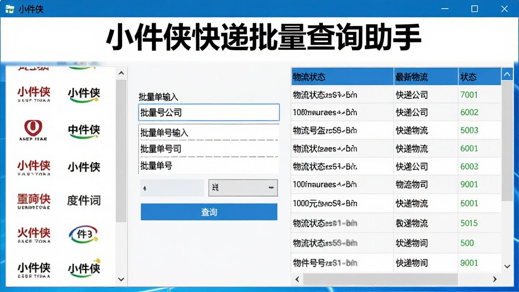 软件主界面截图风格,居中展示“小件侠快递批量查询助手”标题文字,主体为Windows窗口布局,左侧为快递公司图标列表,中间为批量单号输入框与查询按钮,右侧为物流状态表格,整体采用蓝色与白色商务配色,界面干净整洁,细节包含单号、快递公司、最新物流、状态等列,画质清晰,无多余元素