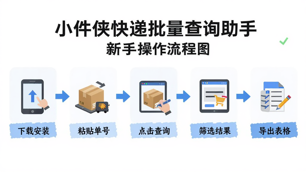 AI生成图片,主体为“小件侠快递批量查询助手”新手操作流程图,布局为从左到右的步骤展示,包含下载安装、粘贴单号、点击查询、筛选结果、导出表格五个环节,排版横向清晰,风格为扁平化教程风,细节包含箭头引导、图标示意、文字说明,画质清晰,无多余元素