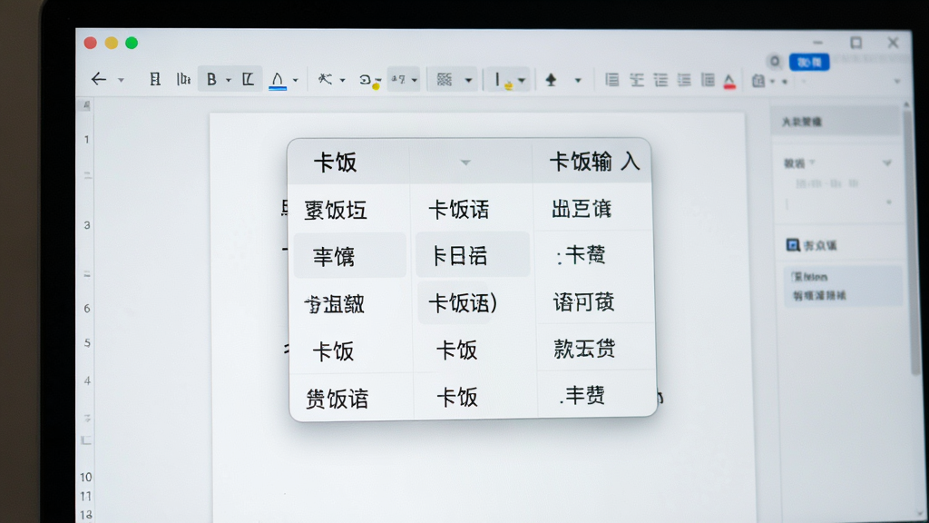 画面主体为卡饭输入法在电脑屏幕上的候选词窗口特写,窗口周围没有任何广告横幅或弹窗,背景是简洁的文档编辑界面,布局采用居中构图,风格极简清新,细节上突出候选词清晰锐利,画质高清,干净无多余元素