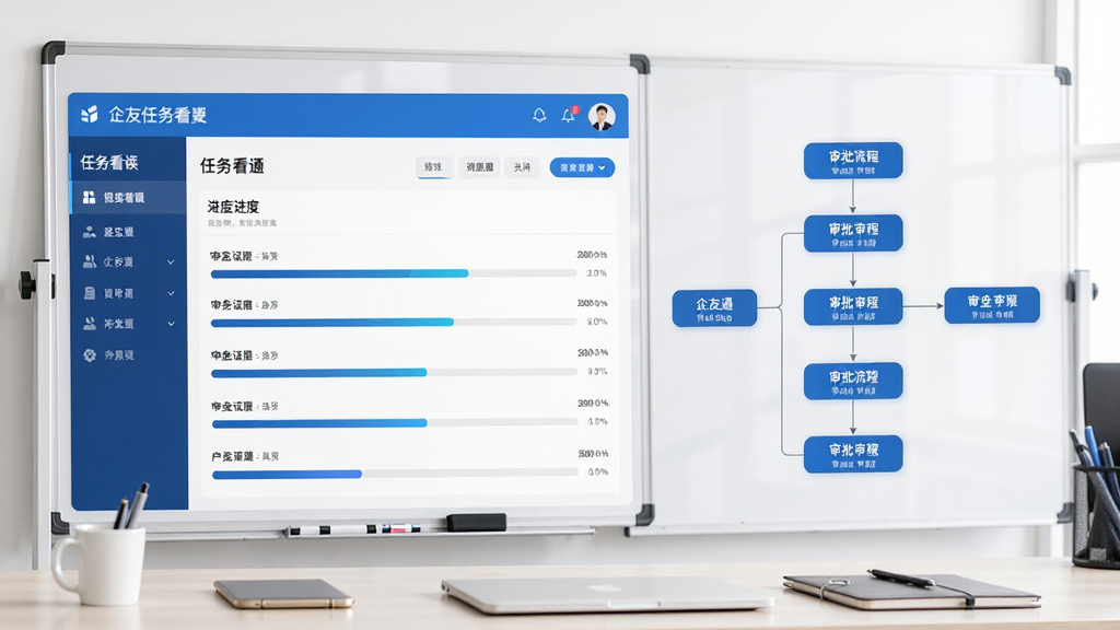 企友通任务协作与审批界面组合图,画面左侧展示任务看板与进度条,右侧展示审批流程节点图,界面采用蓝白商务配色,背景为干净的白板与办公桌,风格专业简洁,细节清晰,画质高清,干净,无多余元素