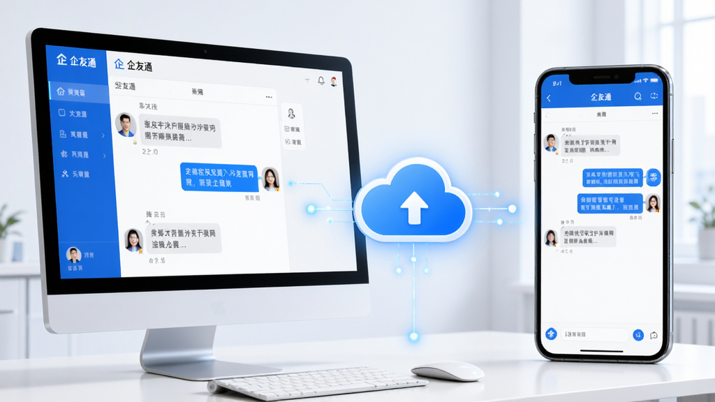 企友通多端消息同步场景图,画面左侧为电脑屏幕显示聊天窗口,右侧为手机屏幕显示同一会话,中间用云朵图标连接,界面采用蓝白配色,背景干净简洁,风格现代科技感,细节清晰,画质高清,干净,无多余元素
