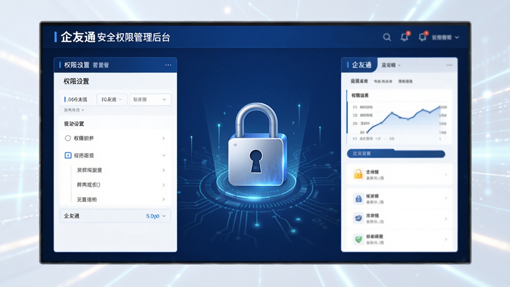 企友通安全权限管理后台界面,画面展示权限设置面板与加密锁图标,界面采用深蓝与白色搭配,背景为干净的科技感光影,风格严谨专业,细节清晰,画质高清,干净,无多余元素