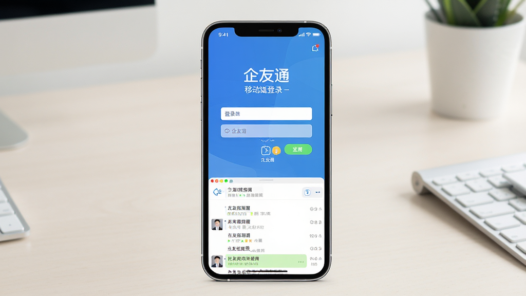 企友通移动端登录界面与消息列表展示,画面中央放置一部智能手机,屏幕显示企友通登录页与聊天列表,背景为简洁的浅色办公桌面,风格清新简约,细节清晰,画质高清,干净,无多余元素