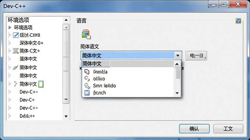 一张展示Dev-C++软件中文界面设置的图片,主体是软件的“环境选项”对话框窗口,布局为左侧分类列表和右侧设置面板,中央显示语言选择下拉框并选中“简体中文”,排版整齐,风格为真实的软件设置界面截图风格,细节包含下拉列表展开状态、确认按钮和取消按钮、对话框标题栏,画质高清,干净,无多余元素