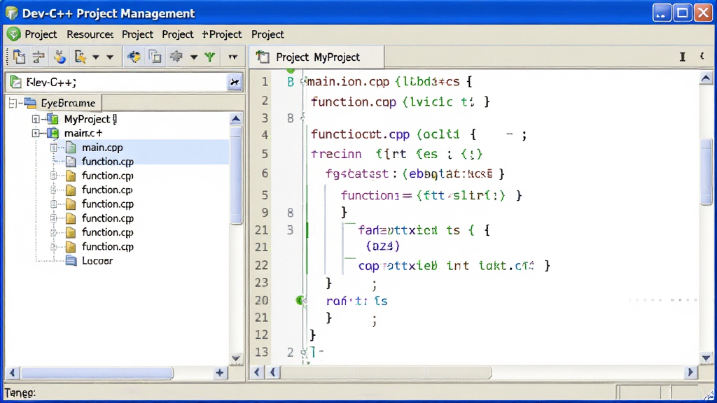 一张展示Dev-C++项目管理功能的图片,主体是软件的项目资源管理器面板和代码编辑区,布局为左侧树形结构展示多个源文件、右侧显示代码内容,排版清晰,风格为真实的软件界面截图风格,细节包含项目名称“MyProject”、文件列表中的main.cpp和function.cpp、代码区的函数定义,画质高清,干净,无多余元素