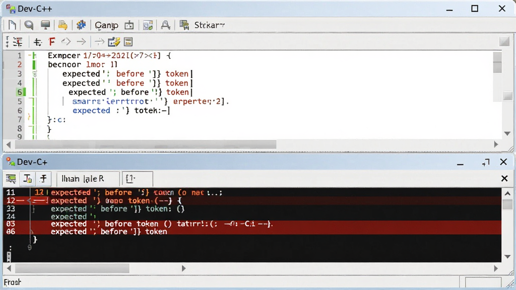 一张展示Dev-C++编译错误提示的图片,主体是软件底部输出窗口显示红色错误信息,布局为上方代码编辑区下方消息面板,排版清晰,风格为真实的软件截图风格,细节包含错误行号提示、错误描述文字“expected ';' before '}' token”、代码区对应行高亮,画质高清,干净,无多余元素