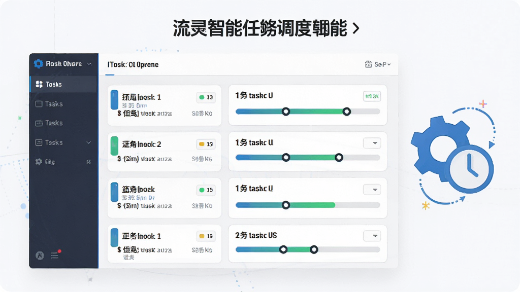 一张展示流量精灵智能任务调度功能的图片,画面主体为软件界面中的任务队列面板,面板上显示多条任务卡片和进度条,旁边有齿轮和时钟图标代表调度逻辑,布局清晰,风格为扁平化科技风,细节丰富,画质干净高清。