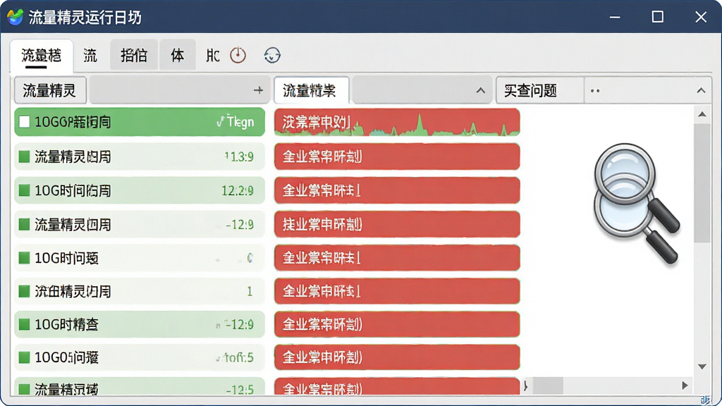 一张展示流量精灵运行日志界面的图片,画面中软件窗口内日志列表清晰可见,绿色正常条目与红色异常条目对比明显,旁边有放大镜图标代表排查问题,整体风格简洁实用,细节丰富,画质高清干净。