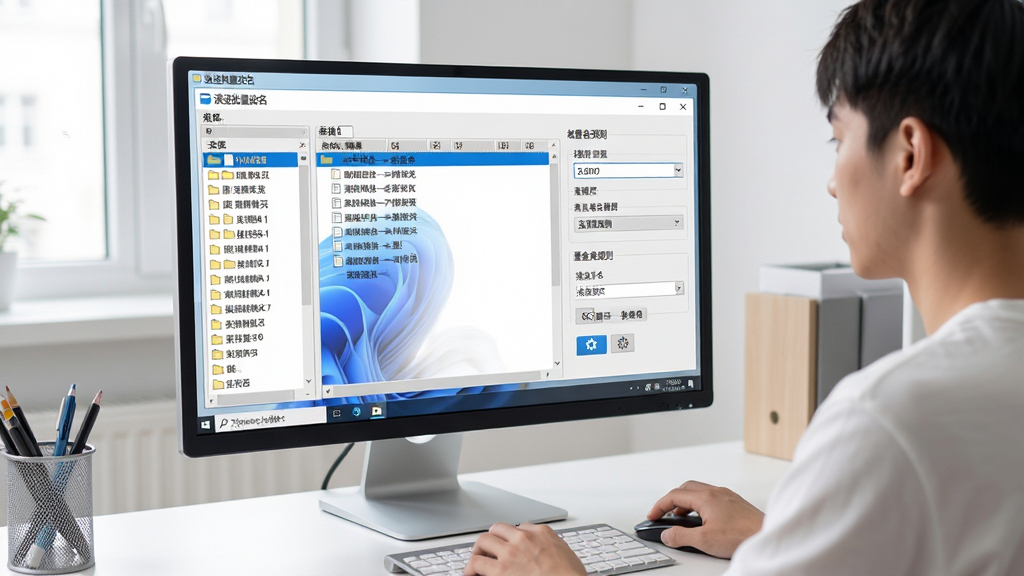 画面主体为一位年轻用户在整洁的电脑桌前使用Windows电脑,屏幕上显示“浪迹批量改名”软件界面,界面中有多个文件名列表和批量重命名规则设置项,布局采用居中构图,左侧为文件列表、右侧为规则面板,排版清晰有序,风格为现代简约科技风,细节包括文件夹图标、序号标签、齿轮设置按钮,画质高清,画面干净,无多余元素