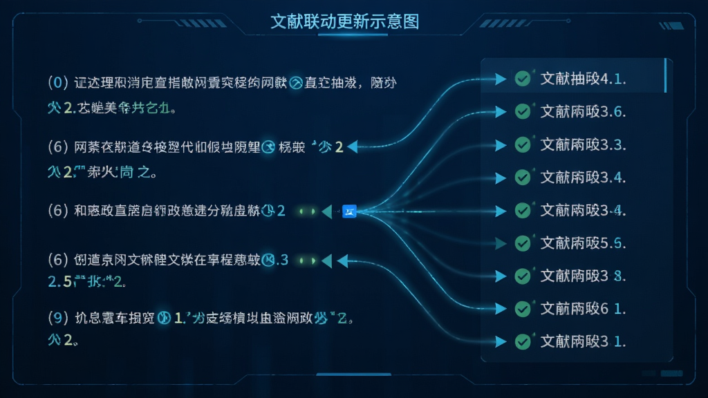 论文抽屉正文与文献联动更新示意图,画面中正文段落里的引用数字与文末列表之间用发光线条连接,表示动态关联关系,背景为深蓝色科技感界面,风格现代简洁,细节包括高亮序号、同步箭头、检查提示图标,画质清晰,干净,无多余元素