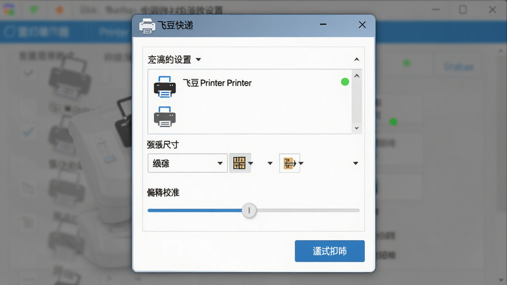 一张展示飞豆快递单打印软件与打印机连接设置的界面图,主体为打印机配置窗口,显示已连接的打印机列表、纸张尺寸选择、偏移校准滑块等,布局为纵向排列,排版清晰,风格为实用工具风,细节包括打印机图标、状态指示灯、测试打印按钮等,画质清晰,画面干净,无多余元素